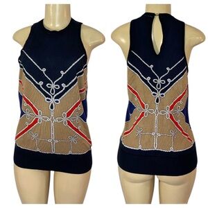 Y2K Cache Knit Tank Top Rayon Nylon Print Blue Tan Size Medium